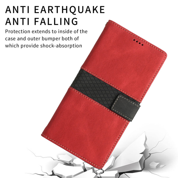Funda de Cuero iPhone 14 Costuras de Cuadrícula con Cordón (Rojo)