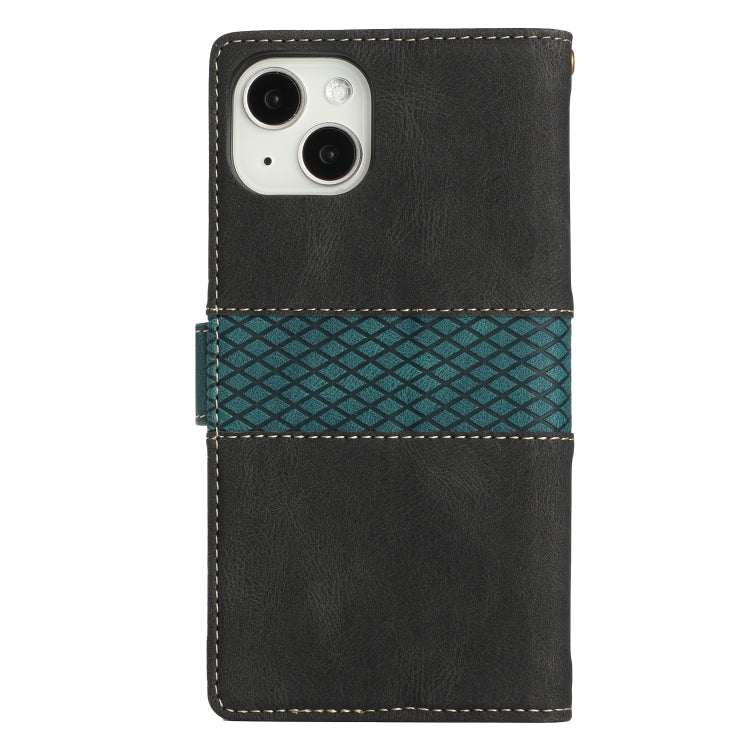 Funda de Cuero para iPhone 14 con Costuras de Cuadrícula y Cordón (Negro)