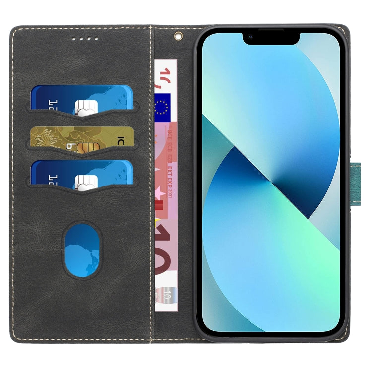Funda de Cuero para iPhone 14 con Costuras de Cuadrícula y Cordón (Negro)