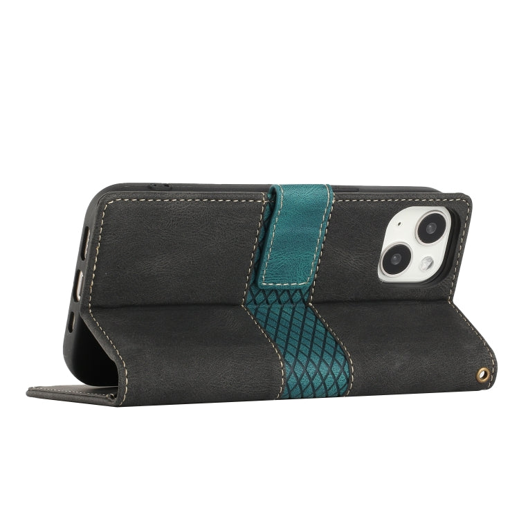 Funda de Cuero para iPhone 14 con Costuras de Cuadrícula y Cordón (Negro)
