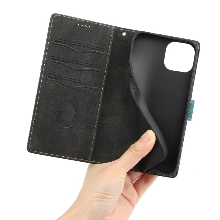 Funda de Cuero para iPhone 14 con Costuras de Cuadrícula y Cordón (Negro)