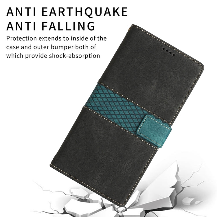 Funda de Cuero para iPhone 14 con Costuras de Cuadrícula y Cordón (Negro)