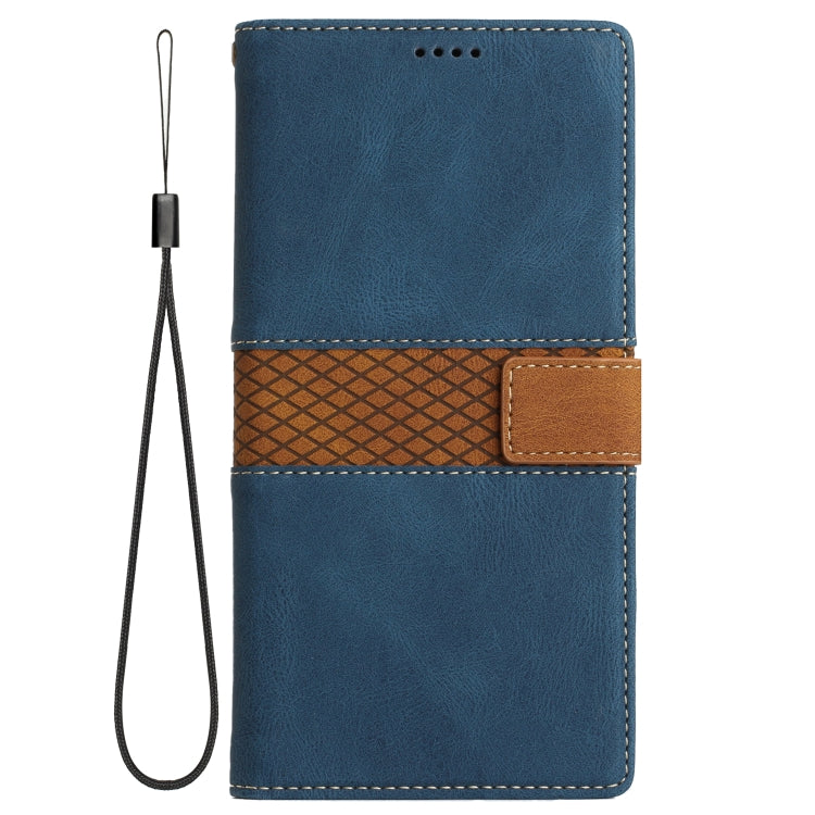 Funda de Cuero para iPhone 14 Pro Max con Costuras de Cuadrícula y Cordón (Azul)