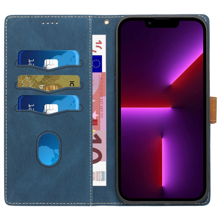 Funda de Cuero para iPhone 14 Pro Max con Costuras de Cuadrícula y Cordón (Azul)