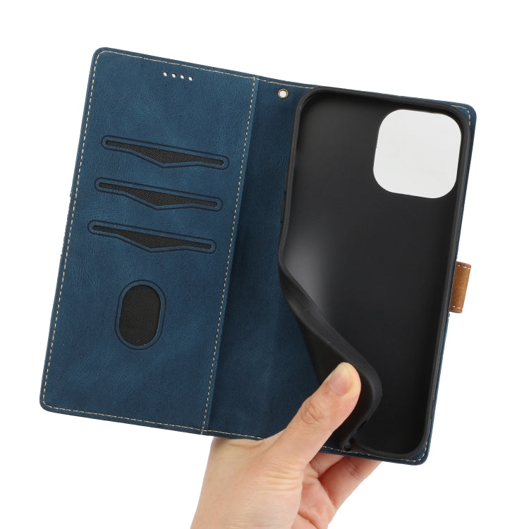 Funda de Cuero para iPhone 14 Pro Max con Costuras de Cuadrícula y Cordón (Azul)