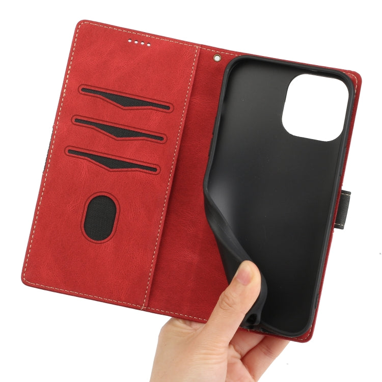 Funda Cuero con Costuras de Cuadrícula para iPhone 14 Pro Max con Cordón (Rojo)