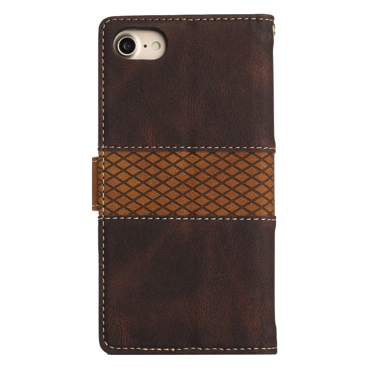 Funda de Cuero para iPhone Se 2022/2020 con Costuras de Cuadrícula y Cordón (Marrón)