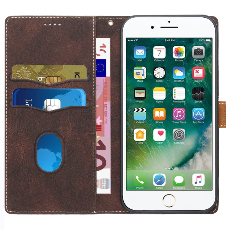 Funda de Cuero para iPhone Se 2022/2020 con Costuras de Cuadrícula y Cordón (Marrón)