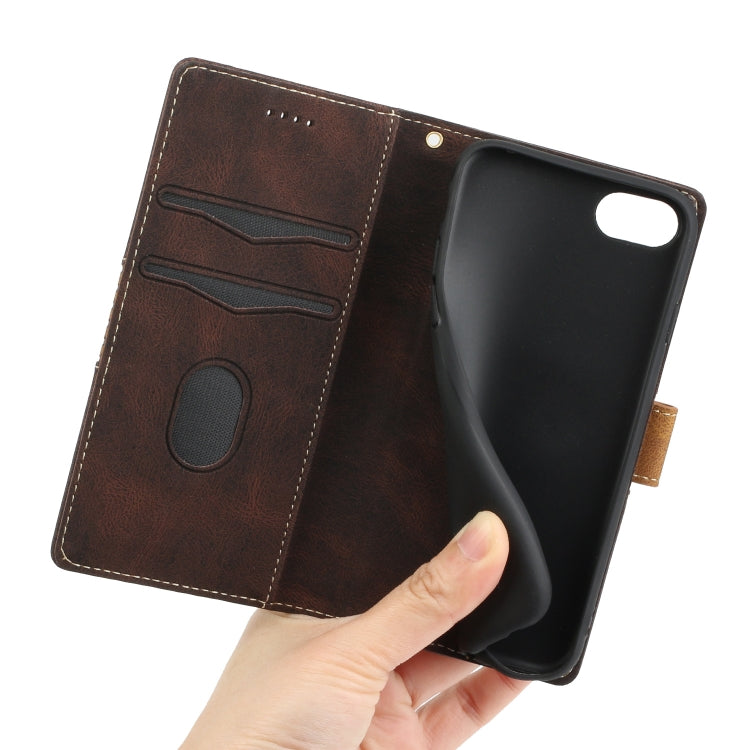 Funda de Cuero para iPhone Se 2022/2020 con Costuras de Cuadrícula y Cordón (Marrón)