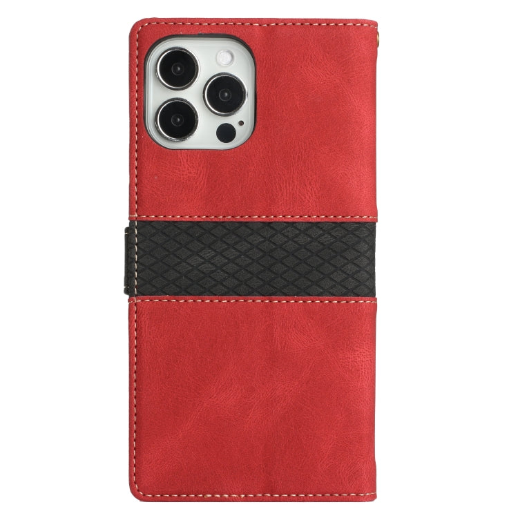 Funda de Cuero para iPhone 13 Pro con Costuras en Cuadrícula y Cordón (Rojo)