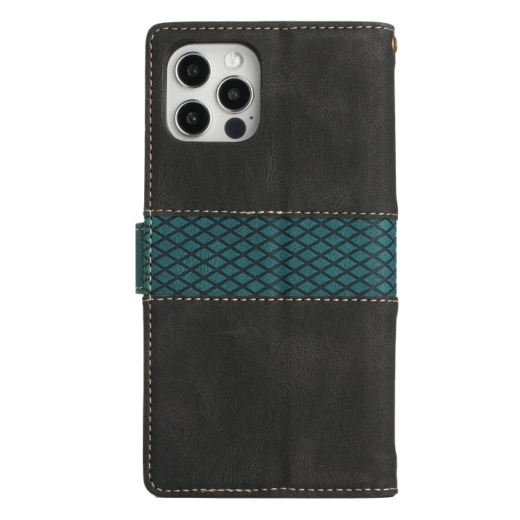 Funda de Cuero para iPhone 12/12 Pro con Costuras en Cuadrícula y Cordón (Negro)