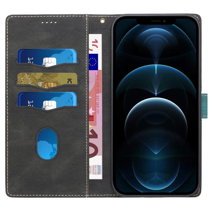 Funda de Cuero para iPhone 12/12 Pro con Costuras en Cuadrícula y Cordón (Negro)