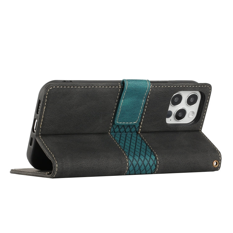 Funda de Cuero para iPhone 12/12 Pro con Costuras en Cuadrícula y Cordón (Negro)