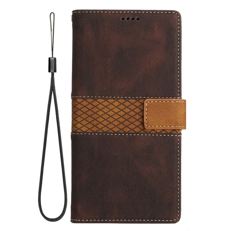 Funda de Cuero iPhone 12 Pro Max Costuras de Cuadrícula con Cordón (Marrón)