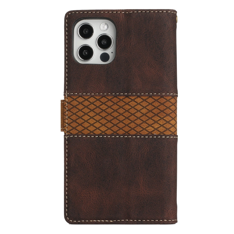 Funda de Cuero iPhone 12 Pro Max Costuras de Cuadrícula con Cordón (Marrón)