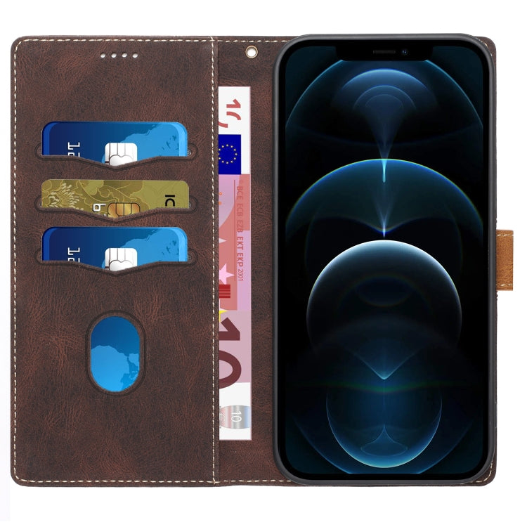 Funda de Cuero iPhone 12 Pro Max Costuras de Cuadrícula con Cordón (Marrón)