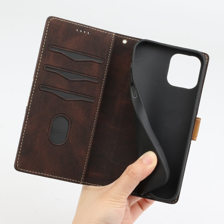 Funda de Cuero iPhone 12 Pro Max Costuras de Cuadrícula con Cordón (Marrón)
