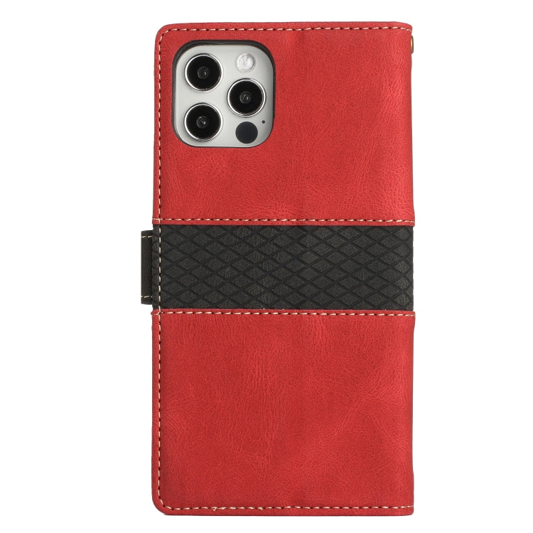 Funda de Cuero para iPhone 12 Pro Max con Costuras en Cuadrícula y Cordón (Rojo)