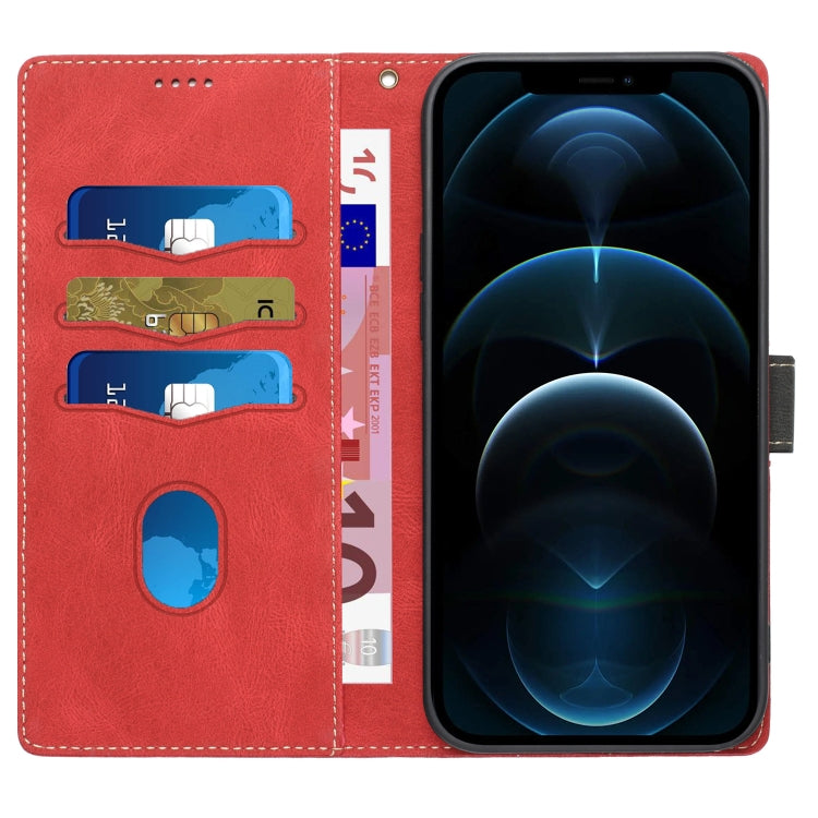 Funda de Cuero para iPhone 12 Pro Max con Costuras en Cuadrícula y Cordón (Rojo)