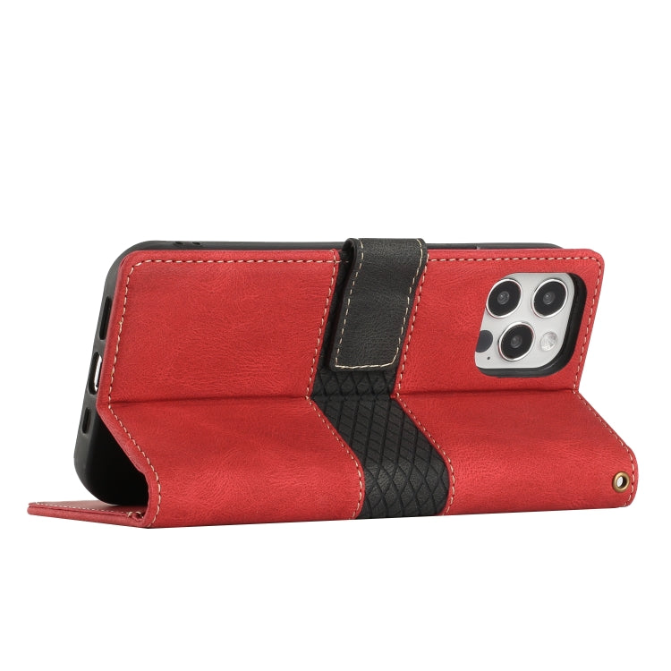 Funda de Cuero para iPhone 12 Pro Max con Costuras en Cuadrícula y Cordón (Rojo)