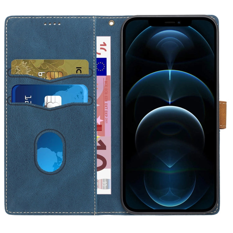 Funda de Cuero con Costuras de Cuadrícula para iPhone 12 Mini con Cordón (Azul)