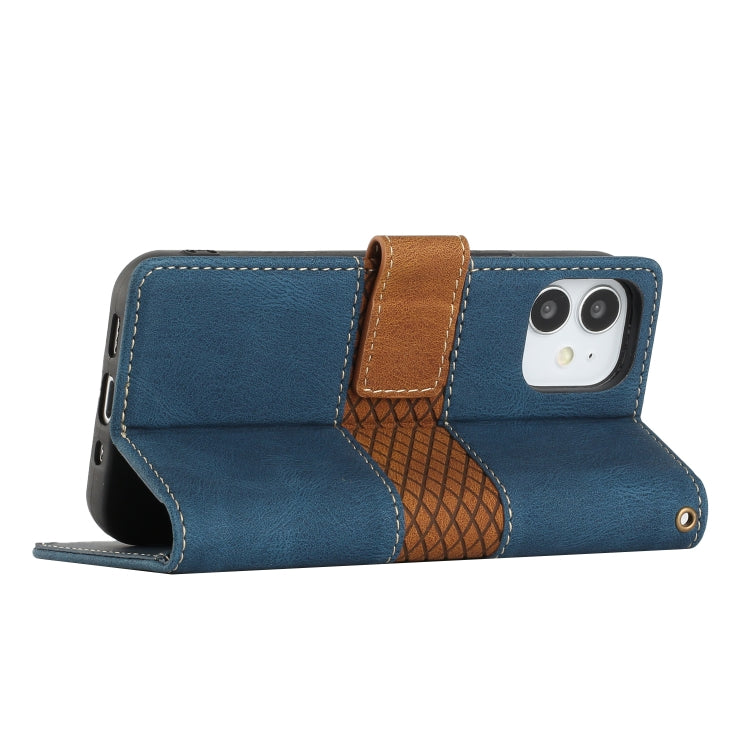 Funda de Cuero con Costuras de Cuadrícula para iPhone 12 Mini con Cordón (Azul)