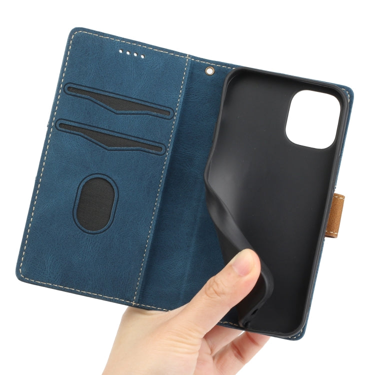 Funda de Cuero con Costuras de Cuadrícula para iPhone 12 Mini con Cordón (Azul)