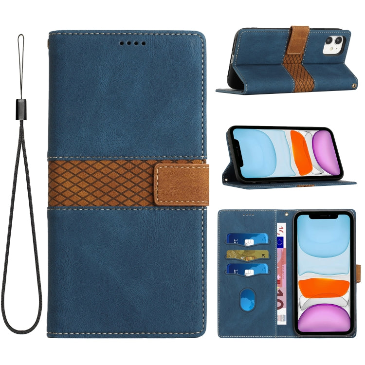 Funda de Cuero para iPhone 11 con Costuras en Cuadrícula y Cordón (Azul)