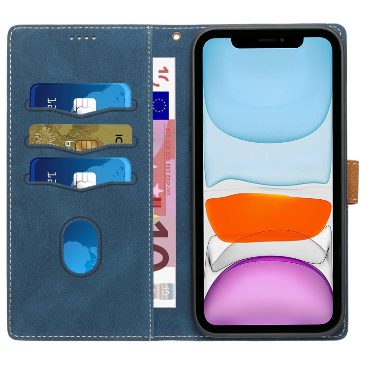 Funda de Cuero para iPhone 11 con Costuras en Cuadrícula y Cordón (Azul)
