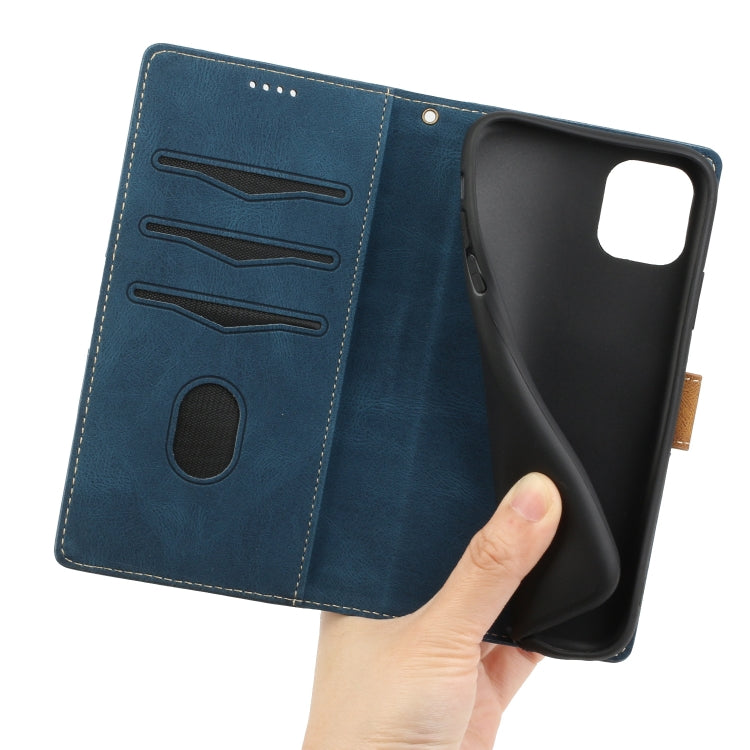 Funda de Cuero para iPhone 11 con Costuras en Cuadrícula y Cordón (Azul)