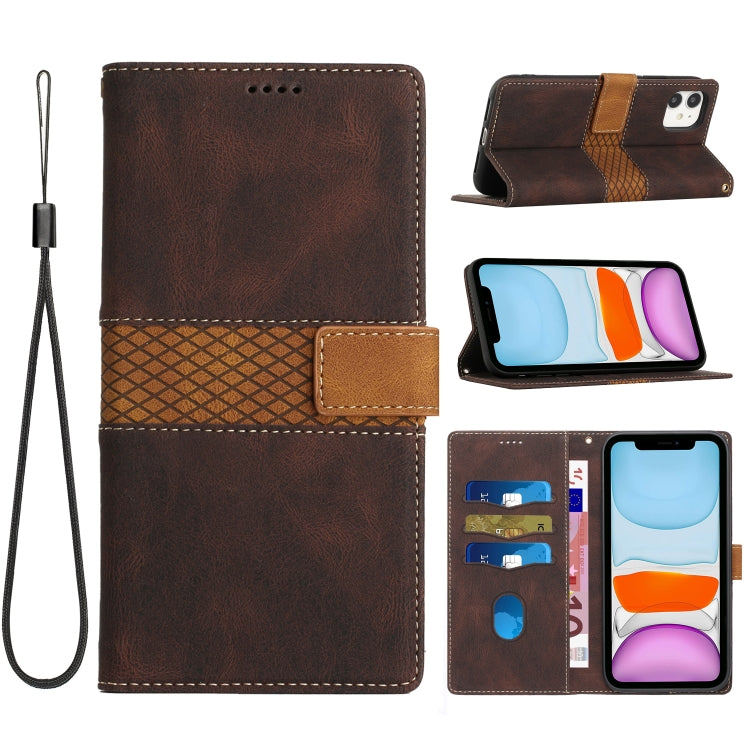 Funda de Cuero para iPhone 11 con Costuras en Cuadrícula y Cordón (Marrón)