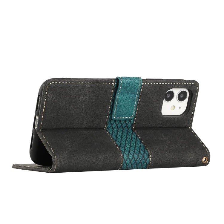 Funda de Cuero para iPhone 11 con Costuras en Cuadrícula y Cordón (Negro)