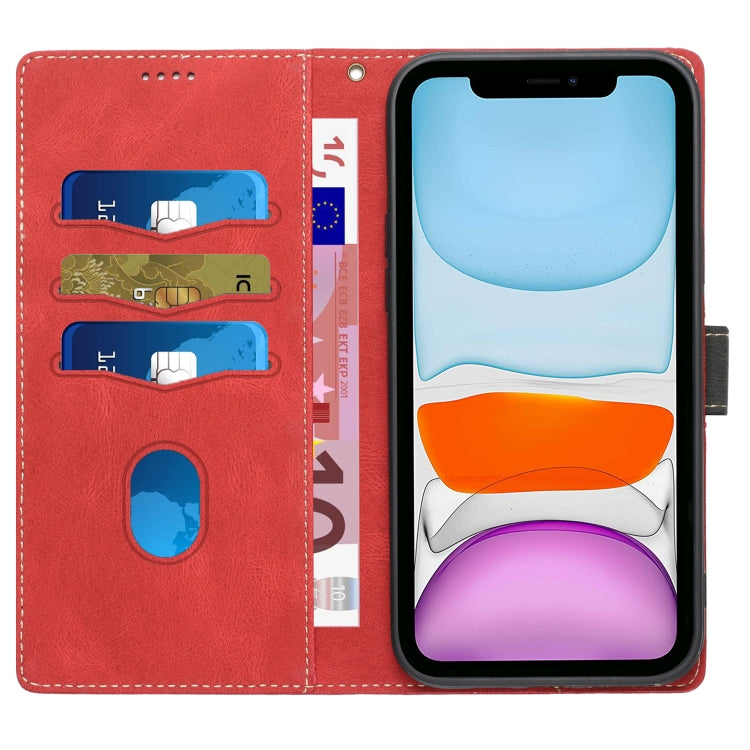 Funda de Cuero para iPhone 11 Pro con Costuras en Cuadrícula y Cordón (Rojo)