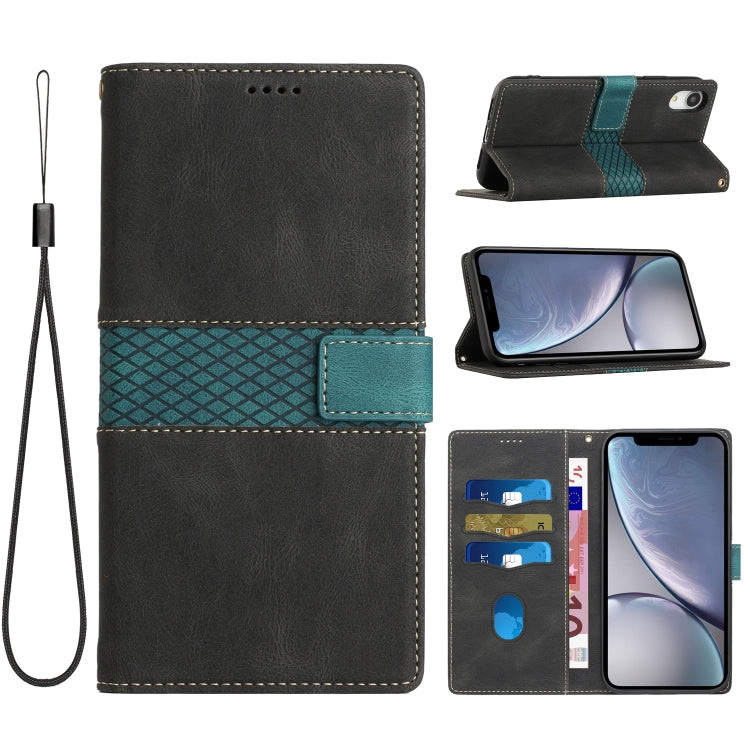 Funda de Cuero para iPhone Xr con Costuras En Cuadrícula y Cordón (Negro)
