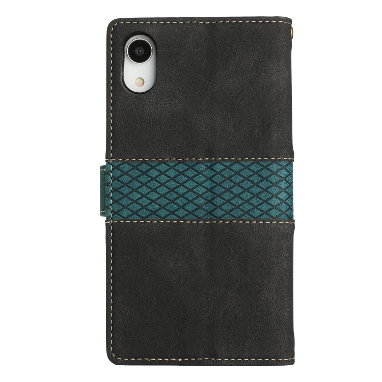 Funda de Cuero para iPhone Xr con Costuras En Cuadrícula y Cordón (Negro)