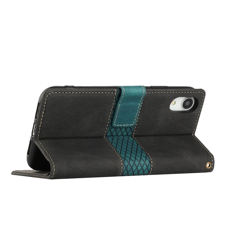 Funda de Cuero para iPhone Xr con Costuras En Cuadrícula y Cordón (Negro)