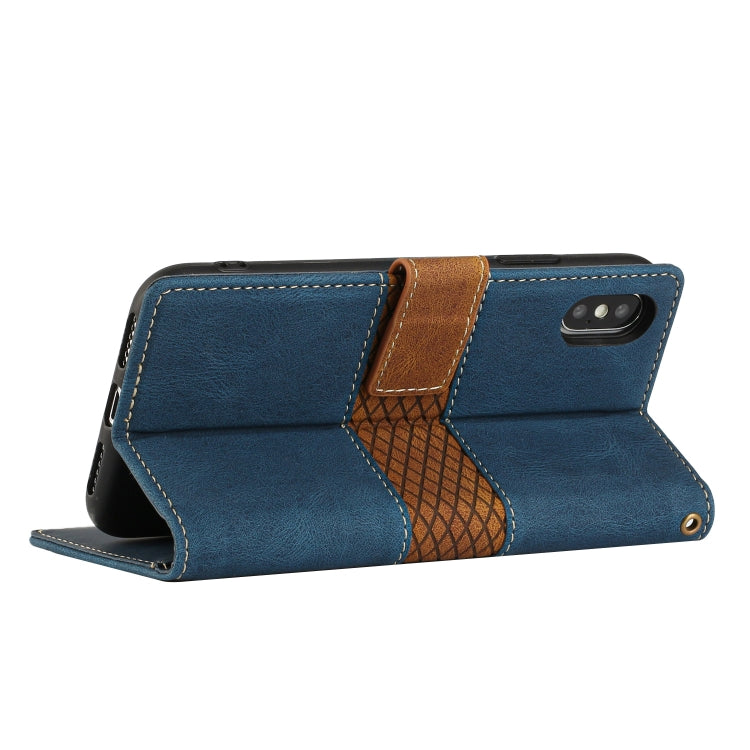 Funda de Cuero para iPhone Xs Max con Costuras en Cuadrícula y Cordón (Azul)