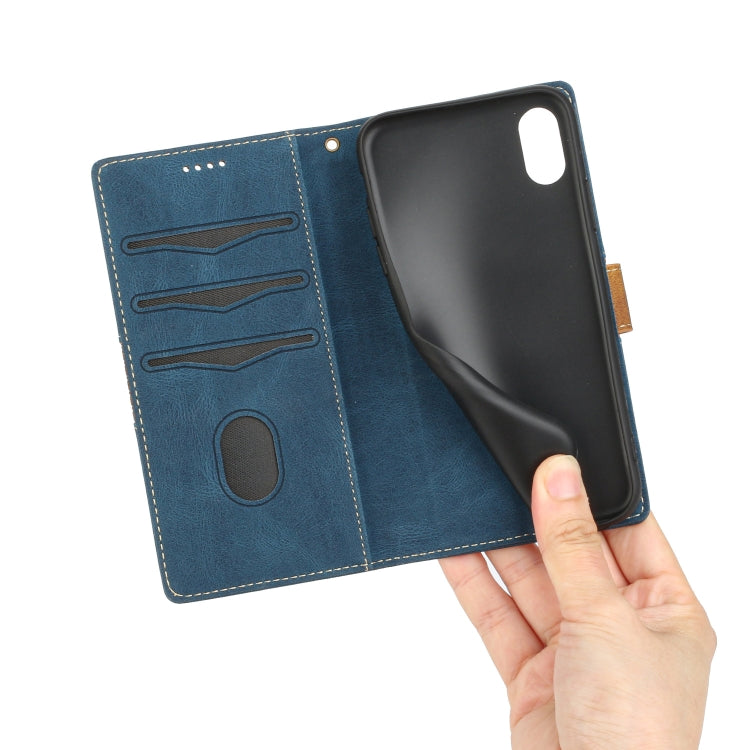 Funda de Cuero para iPhone Xs Max con Costuras en Cuadrícula y Cordón (Azul)
