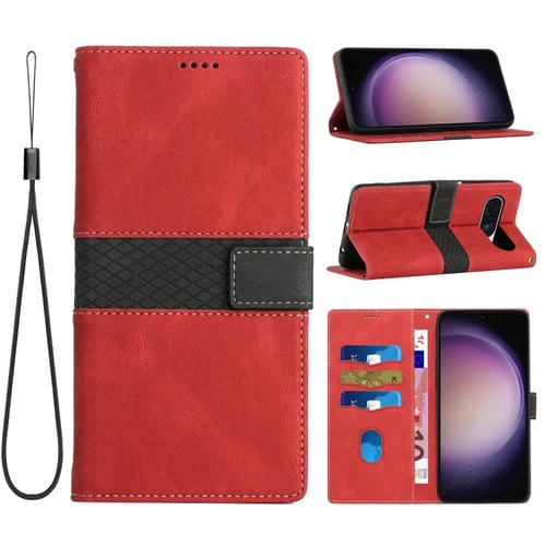 Funda de Cuero con Costuras en Cuadrícula para Google Pixel 9 Pro XL con Cordón (Rojo)