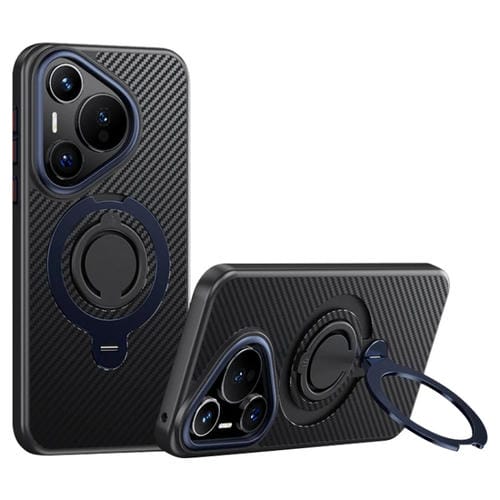 Funda Fibra de Carbono Magsafe para Huawei Pura 70 con Soporte Giratorio 360º (Negro y Azul)