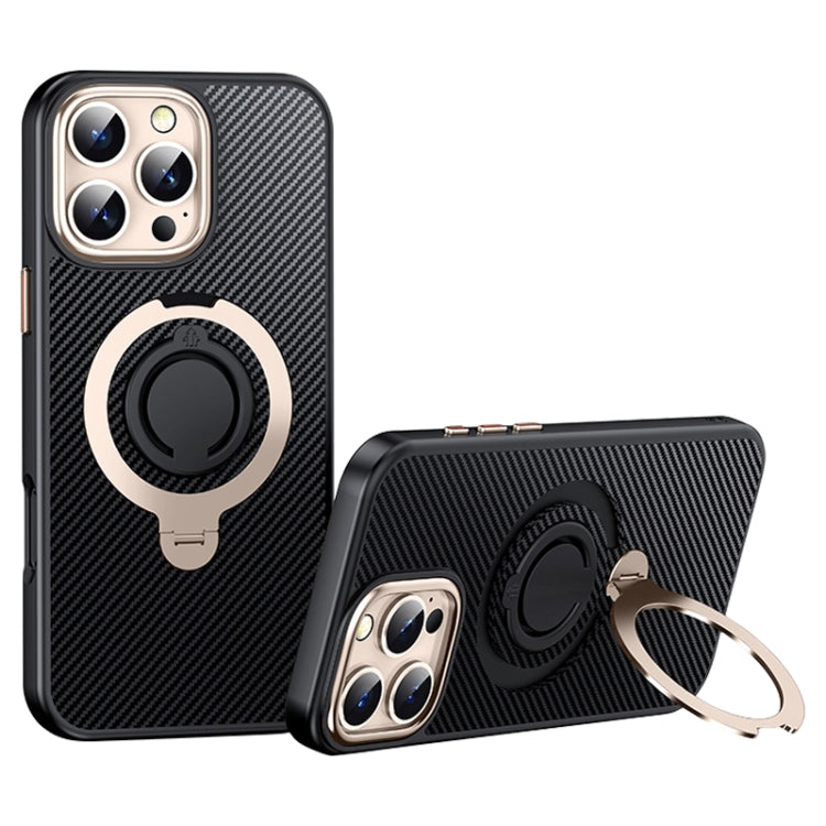 Funda de Teléfono Magsafe Fibra de Carbono iPhone 16 Pro Soporte Giratorio 360 (Oro Negro)