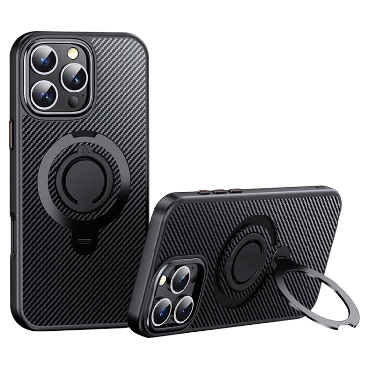 Funda de Teléfono Magsafe Fibra de Carbono iPhone 16 Pro Soporte Giratorio 360 (Negro)