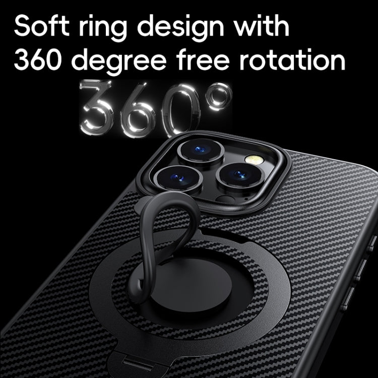 Funda de Teléfono Magsafe Fibra de Carbono para iPhone 16 Pro con Soporte Giratorio 360 (Negro y Plateado)