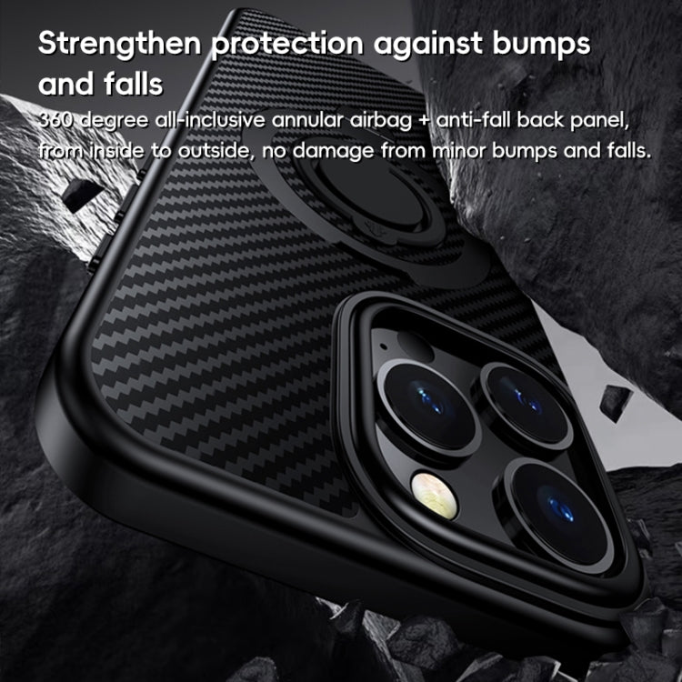 Funda de Teléfono Magsafe Fibra de Carbono para iPhone 16 Pro con Soporte Giratorio 360 (Negro y Plateado)