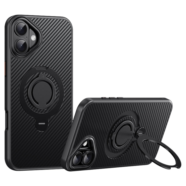 Funda de Teléfono Magsafe Fibra de Carbono para iPhone 16 Plus con Soporte Giratorio 360 (Negro)