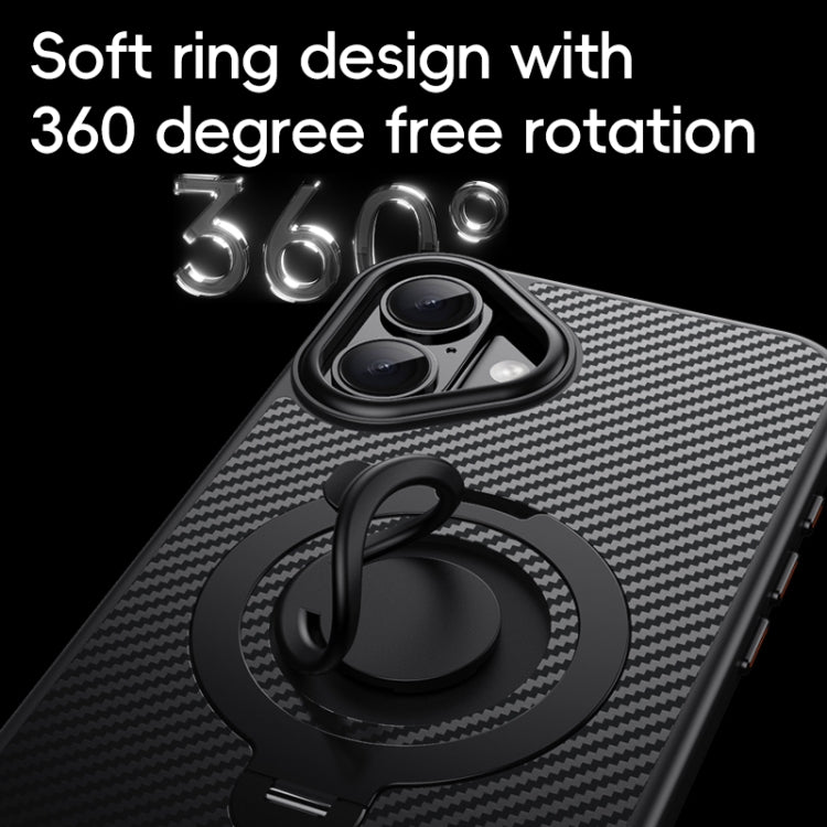 Funda de Teléfono Magsafe Fibra de Carbono para iPhone 16 Plus con Soporte Giratorio 360 (Negro)