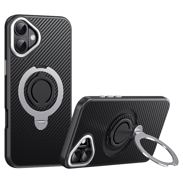 Funda de Teléfono Magsafe Fibra de Carbono iPhone 16 Plus Soporte Giratorio 360 (Negro y Plateado)