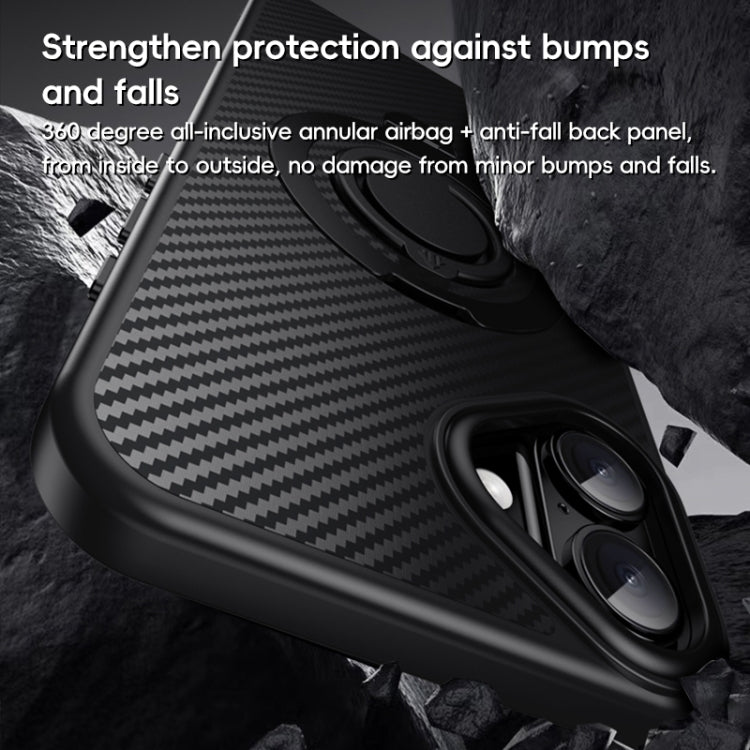Funda de Teléfono Magsafe Fibra de Carbono iPhone 16 Plus Soporte Giratorio 360 (Negro y Plateado)