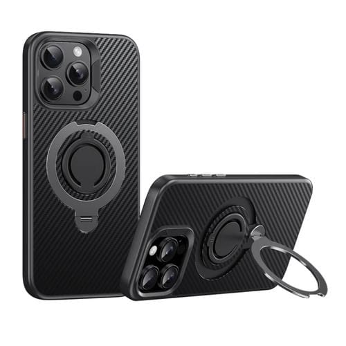 Funda de Teléfono Magsafe Fibra de Carbono para iPhone 15 Pro Max con Soporte Giratorio de 360 Grados (Negro y Gris)