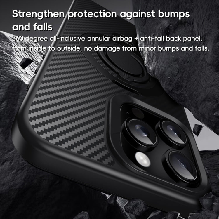 Funda de Teléfono Magsafe Fibra de Carbono para iPhone 15 Pro Max con Soporte Giratorio de 360 Grados (Negro y Gris)